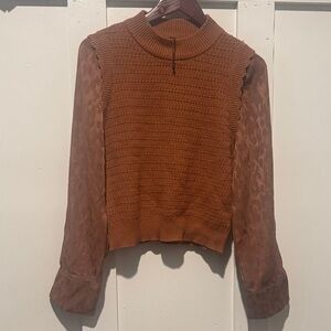 Current Air Brown Knit Top with Sheer Sleeves
